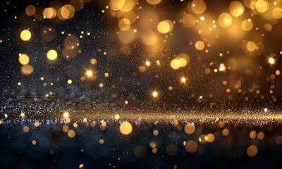 Wall Mural - Sparkling golden bokeh lights shimmering against a dark background, creating a festive atmosphere for celebrations