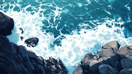 Poster - Aerial view of azure ocean waves crashing against rugged rocky shore foamy white surf contrasting with dark rocks capturing the raw power of the sea. Sapphire Sea. Illustration