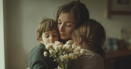 A mother enjoys a special Mother’s Day moment with her children, holding a beautiful bouquet of flowers as they hug in a serene home setting. The image reflects warmth, love, and family joy.