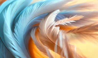 Wall Mural - abstract composition of delicate blue and white feathers swirling gracefully against a warm orange b