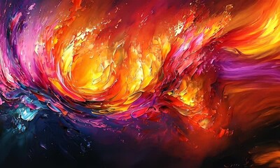 Wall Mural - Abstract vibrant swirl of colors depicting a fiery sunset over a tranquil ocean, evoking emotion and creativity