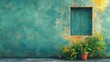 © Juan - Rustic wall with a green window and potted plant