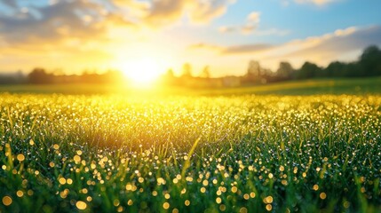 Canvas Print - Dewy grass, sunrise, field. Ideal for backgrounds