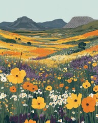 Canvas Print - Vibrant Wildflower Meadow with Yellow and White Flowers in Full Bloom Set Against Majestic Mountain Landscape Under Clear Blue Sky - Perfect for Nature Lovers