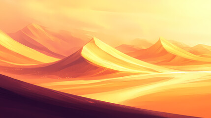 Wall Mural - Soft golden light enhances the tranquil curves of an expansive sandy landscape at dawn. Ivory Desert. Illustration