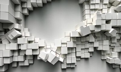 Wall Mural - Abstract composition of white cubes creating a dynamic 3D effect on a minimalist wall, evoking modern design