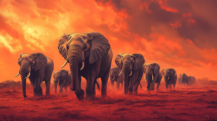 Wall Mural - A herd of massive gentle elephants with weathered leathery hides and swaying trunks traversing an expansive crimson desert landscape under a vibrant amber tinged sky. Ivory Desert. Illustration