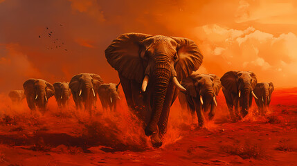 Wall Mural - A herd of massive gentle elephants with weathered leathery hides and swaying trunks traversing an expansive crimson desert landscape under a vibrant amber tinged sky. Ivory Desert. Illustration