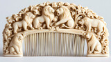 A vintage ivory comb with intricate carvings of lions and other animals. Ivory Desert. Illustration