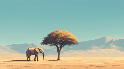 Wall Mural - An elephant stands beside a solitary tree in a vast desert landscape, showcasing the contrast of life and arid surroundings. Ivory Desert. Illustration