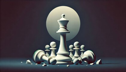 Wall Mural - White chess king standing victorious over fallen opponent on a dark background