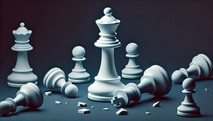 White chess king standing victorious over fallen opponent on a dark background