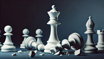 Wall Mural - White chess king standing victorious over fallen opponent on a dark background