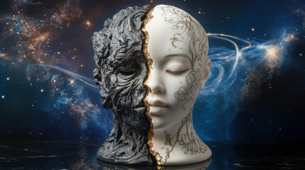 A surreal bust of two opposing halves, one side formed of fractured volcanic rock radiating heat, the other side delicate porcelain with intricate floral engravings