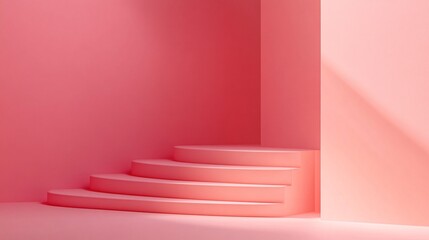 Fototapete - Pink round cornered steps forming a podium on pink background