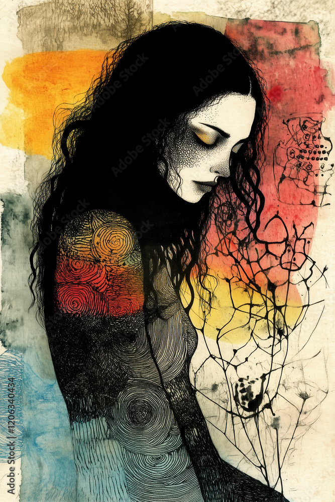 Surrealist portrait of a woman with abstract patterns and vibrant tones ...