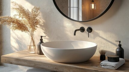 Wall Mural - A serene bathroom featuring a round basin and wooden vanity, adorned with soft textures and natural decor elements, perfect for a minimalist style.