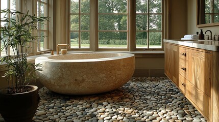 Wall Mural - A serene bathroom featuring a smooth stone tub and natural materials, enhancing the Japandi aesthetic with cozy vibes and a neutral palette.