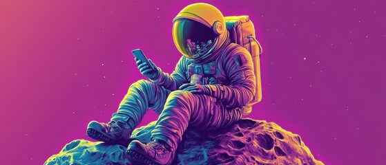 Wall Mural - astronaut in spacesuit using smartphone on a moon with colorful background concept of space explorat