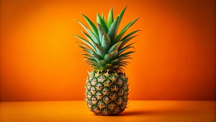 Wall Mural - Rough Spiky Green Pineapple on Vibrant Orange Background - Stock Photo