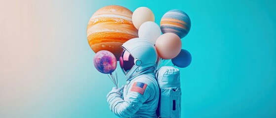 Wall Mural - astronaut in spacesuit holding planet balloons, concept of space exploration, fantasy and imaginatio
