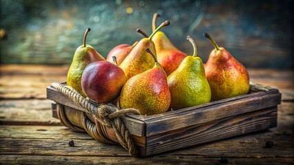 Wall Mural - Rustic Still Life: Pears Arranged in a Basket on Wooden Table