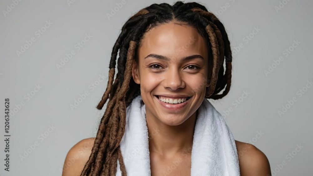Bright Portrait of a Smiling Young Black Woman with Natural Dreadlocks ...