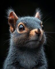 portrait of a squirrel with thick, soft fur in shades of reddish-brown or gray, shown in close-up against a black background that highlights its energy and intelligence