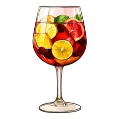 Wall Mural - A fruity Sangria with slices of citrus fruits and berries floating in red wine, served in a large wine glass filled with ice, the colors vibrant against the white backdrop