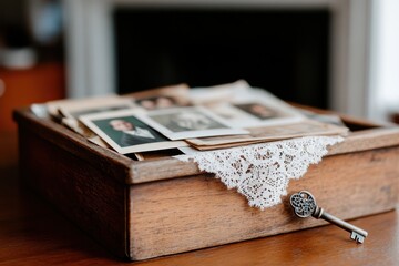 A charming antique box showcasing vintage photographs, evoking nostalgia and memories, a perfect representation of cherished moments from the past.