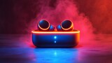 Wireless Earbuds Charging Quietly in a Dark Space Illuminated by Colorful Lights and Surrounded by Mist