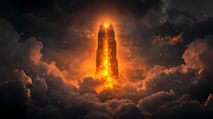 Poster - A majestic dark obsidian tower shrouded in clouds and mystery, radiating glistening orange light from its center against a dramatic stormy sky. Obsidian Tower. Illustration