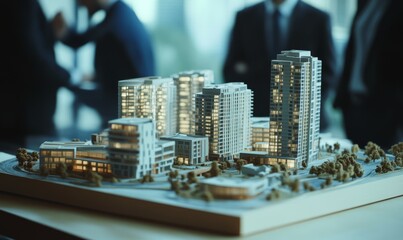 A model of an urban development with multiple buildings on a table. People in suits around it looking at it intently with a blurred background and depth of field