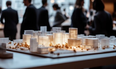 A model of an urban development with multiple buildings on a table. People in suits around it looking at it intently with a blurred background and depth of field