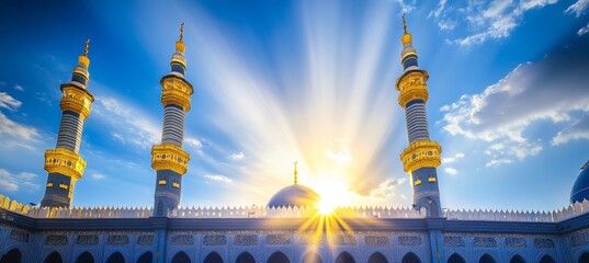 Majestic Islamic Shrine Towers Soaring into Sunlight at Prophet s Mosque, Medina, Saudi Arabia