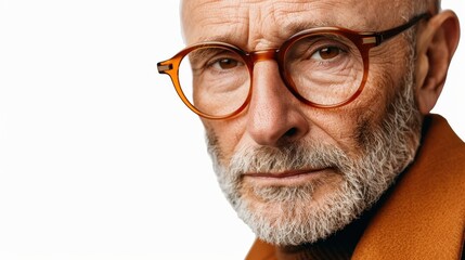 A striking portrait of a confident mature man, captured against a  white backdrop, showcasing his timeless appeal.