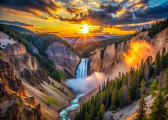 Wall Mural - Yellowstone Grand Canyon Sunrise Lower Falls Artists Point Dramatic Landscape Photography