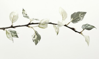 Extreme close-up of an isolated green tree branch with white plant leaves
