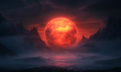Wall Mural - a surreal glowing orb resembling a fiery sunset, set against dark, misty mountains, casting an ether