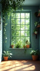 Wall Mural - Bright Sunlit Room with Indoor Plants on Shelves and Windowsill, Highlighting Serene and Natural Atmosphere in Cozy Space Full of Greenery