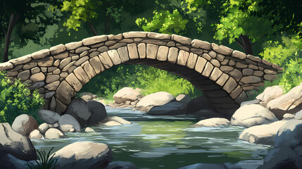 Wall Mural - Low-arched stone bridge crossing shallow columbia river, water flow, rustic bridges, serene landscapes, natural materials. Rustic Bridge. Illustration