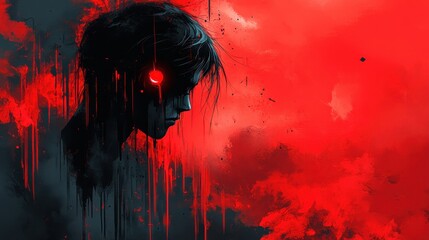 Wall Mural - Dramatic Anime-styled Profile of a Darkly Mysterious Character Against an Abstract Fiery Red and Black Background with Bold Brushstrokes and Intense Mood