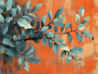 Poster - Artistic Representation of Blue and Teal Leaves on Vibrant Burnt Orange Background, Showcasing Contemporary Botanical Design and Textured Artistic Elements