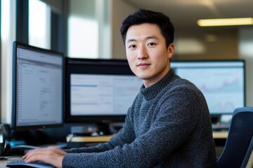 A young Asian man sits at his desk, working on multiple computer screens in a modern office.
