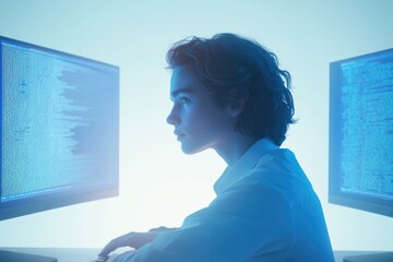 A young programmer intensely focused on lines of code displayed across two computer monitors.