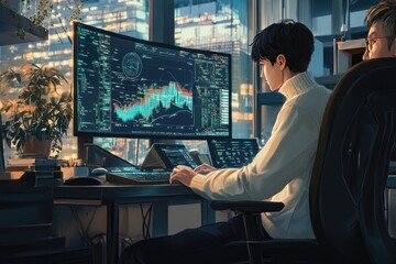 a person sits at a desk in a modern office, working on multiple computer screens displaying complex 