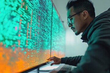 a focused programmer meticulously analyzes complex code displayed across multiple large monitors, im