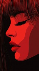 Wall Mural - Stylized artistic illustration of a woman's profile with bold red colors, accentuating facial features against a dark background in a modern graphic style.