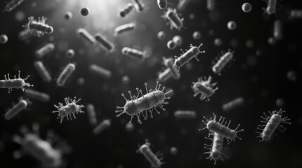 Microscopic view of bacteria floating in a dark background.  High-detail render of microorganisms.