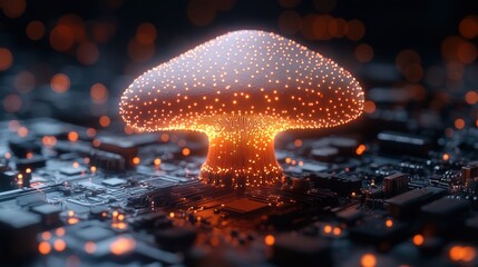 Glowing mushroom on circuit board, network background